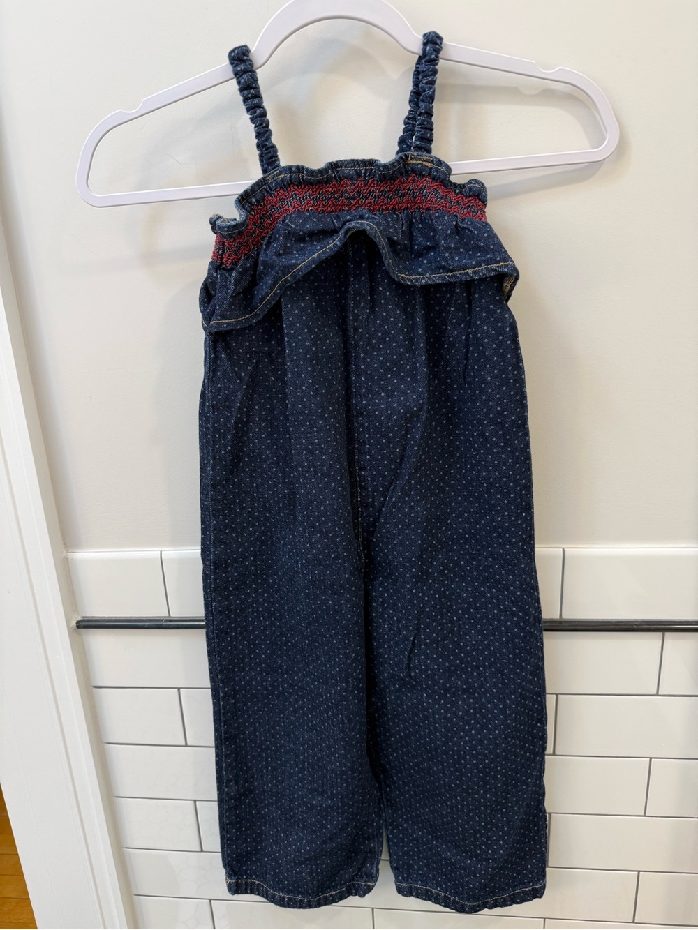 Zara Navy Denim Girls' Smocked Jumpsuit with Red Trim
